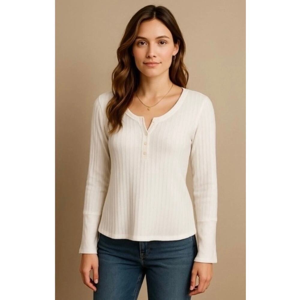 Sundance Ribbed Henley Top Blouse Wide Cuff White Women's Size M